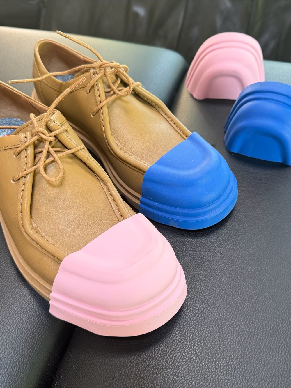 Camper Junction Wallabee Oxfords: tan leather with blue and pink rubber toe caps